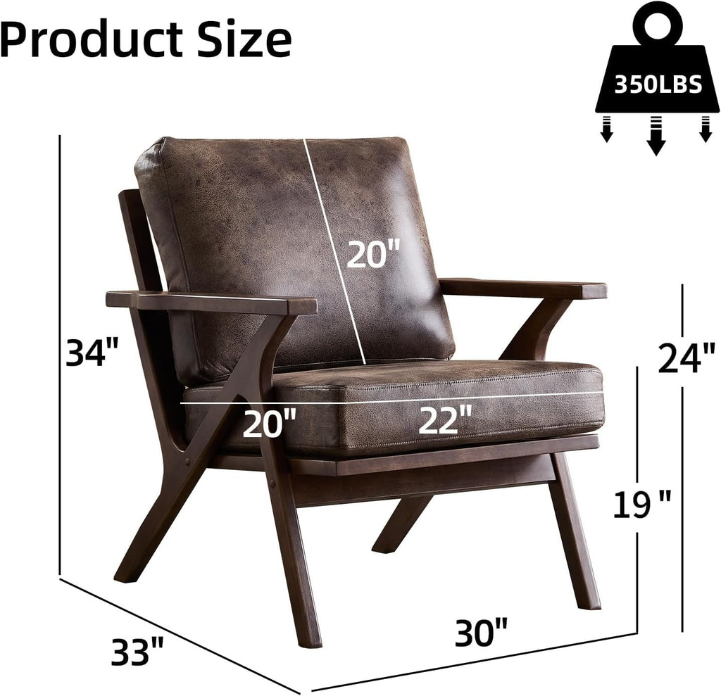 INZOY Mid-Century Modern Accent Chair with Wood Frame, PU Leather Living Room Chair and Soft Thick Padded Armchair for Living Room Bedroom Reception with Removable Upholstered Cushions, Dark Grey