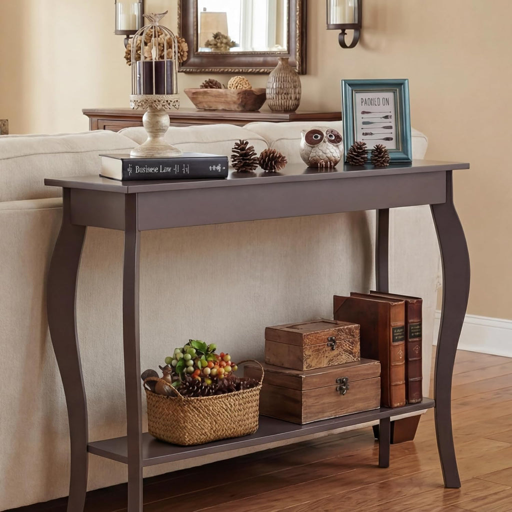 ChooChoo 39" Narrow Entryway Table with Storage Shelf, Espresso | Console Table with Curved Legs, Chic Accent Sofa Table with Shelves for Entryway, Living Room, Hallway