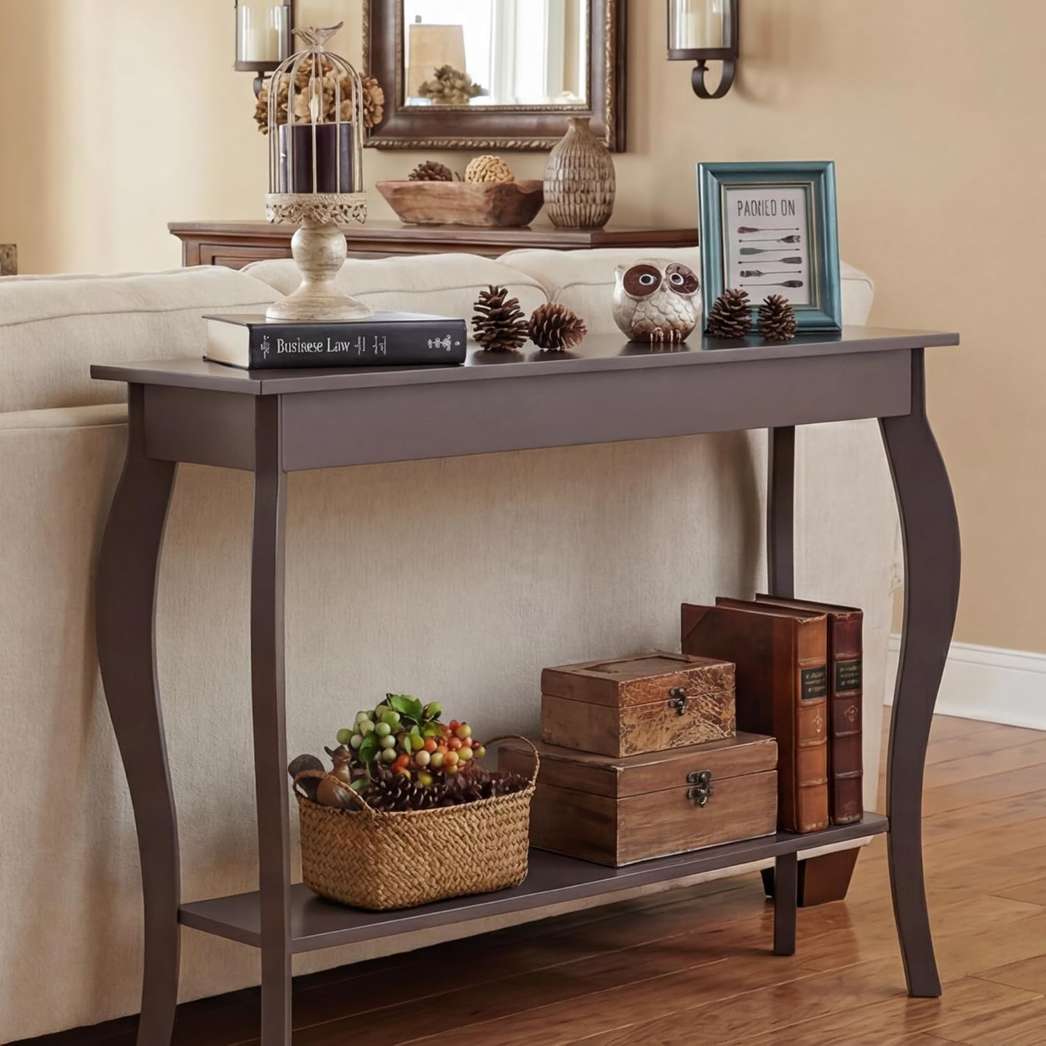 ChooChoo 39" Narrow Entryway Table with Storage Shelf, Espresso | Console Table with Curved Legs, Chic Accent Sofa Table with Shelves for Entryway, Living Room, Hallway