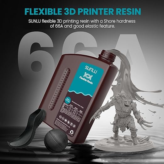 SUNLU Flexible 3D Printer Resin, 66A 3D Printing Resin for Printing Soft and Flexible Items, Bendable and Not Brittle, Fast Curing 405nm UV Photopolymer Resin. 1000G Gray