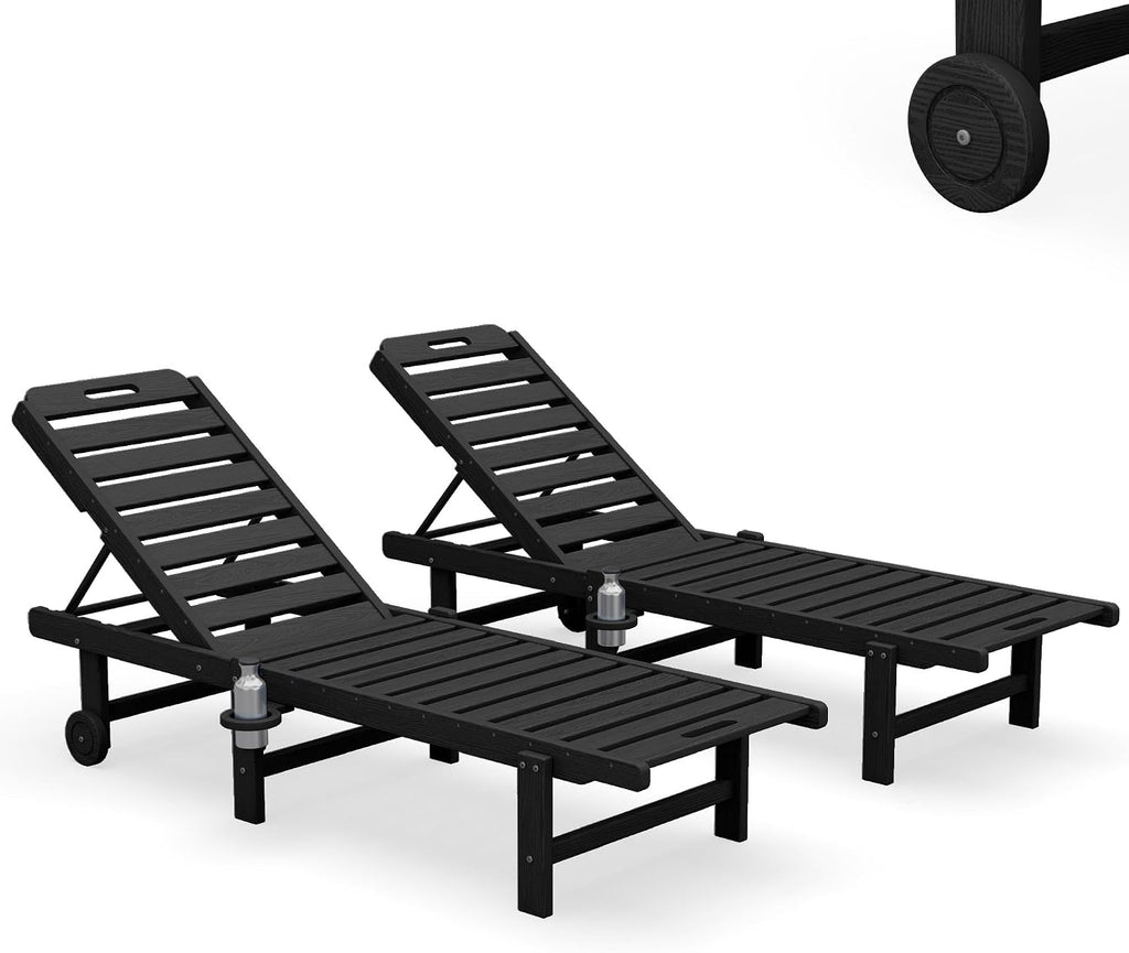 SERWALL HDPE Outdoor Chaise Lounge Set of 2 with Cup Holder & Wheels, Black | Weather-resistant chaise lounge resists fading, with 5-level adjustable back, cup holder and wheels.