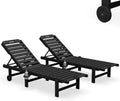 SERWALL HDPE Outdoor Chaise Lounge Set of 2 with Cup Holder & Wheels, Black | Weather-resistant chaise lounge resists fading, with 5-level adjustable back, cup holder and wheels.