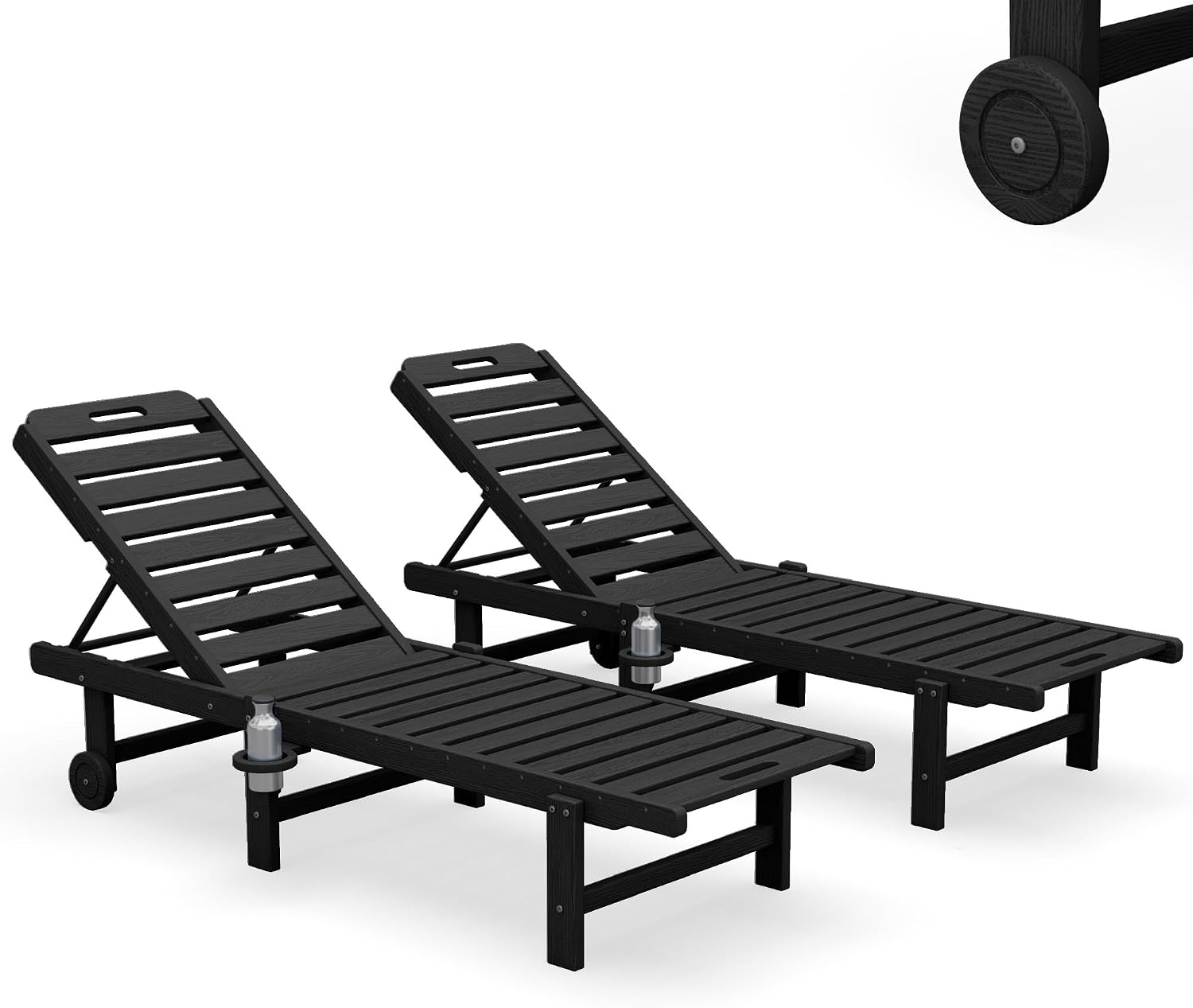 SERWALL HDPE Outdoor Chaise Lounge Set of 2 with Cup Holder & Wheels, Black | Weather-resistant chaise lounge resists fading, with 5-level adjustable back, cup holder and wheels.