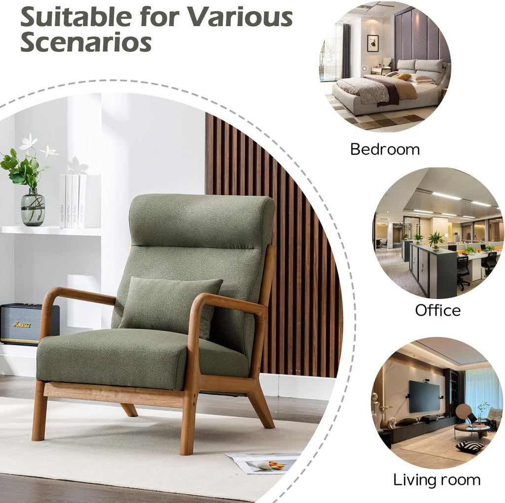 INZOY Mid Century Modern Accent Chair with High Back, Upholstered Living Room Chairs with Waist Cushion, Wood Frame Reading Armchair for Bedroom Sunroom, Green