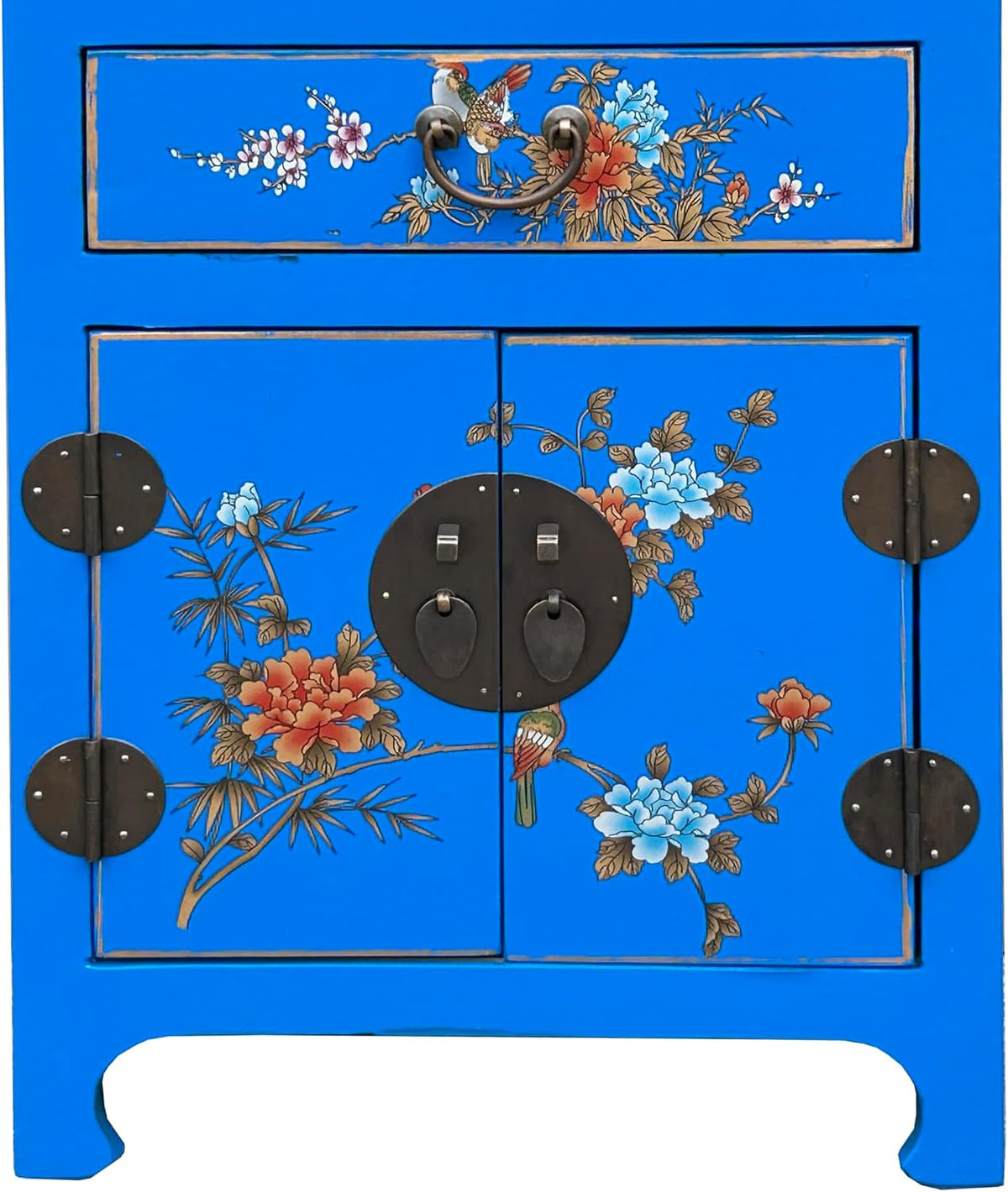 Chinese Bright Blue Vinyl Moon Face Flower Birds End Table Nightstand AGB064