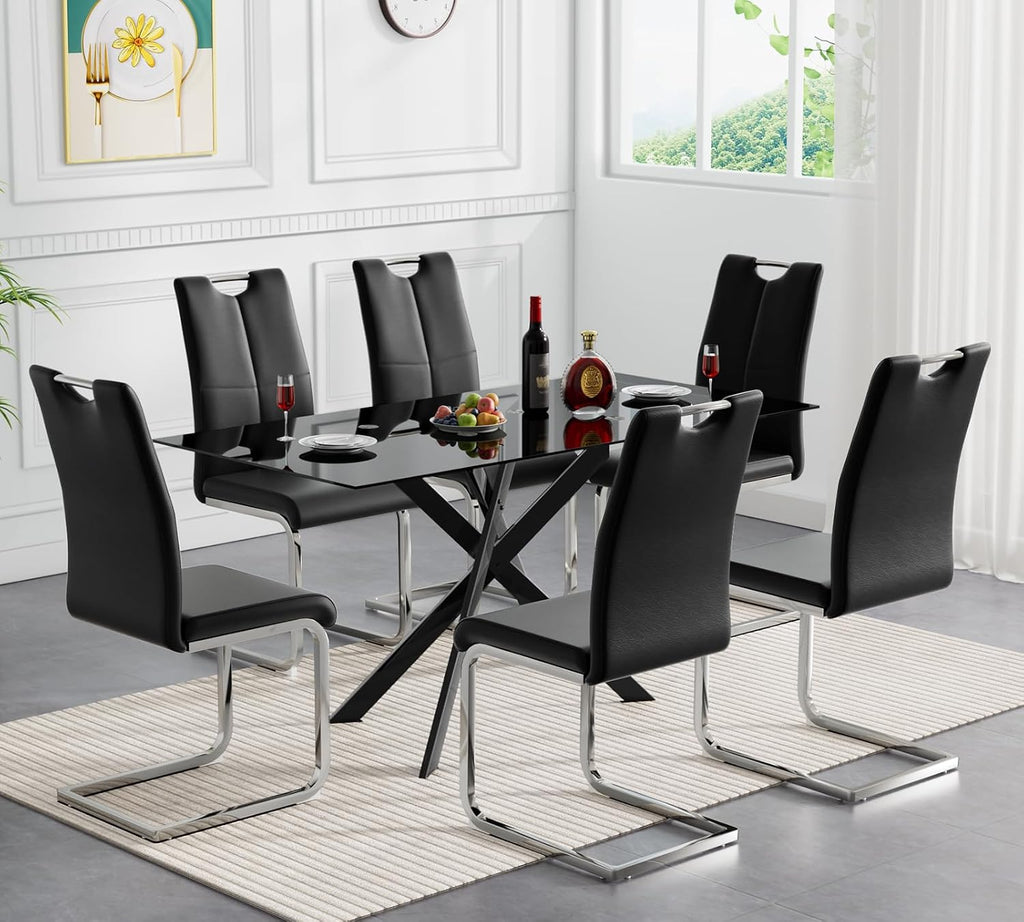 Modern Black Glass Dining Table Set for 6, Glass Kitchen Table and Chairs Set of 6, 7 Piece Dining Table Set with 51" Rectangle Dinner Tables and 6 PU Leather Dining Chairs