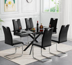Modern Black Glass Dining Table Set for 6, Glass Kitchen Table and Chairs Set of 6, 7 Piece Dining Table Set with 51" Rectangle Dinner Tables and 6 PU Leather Dining Chairs