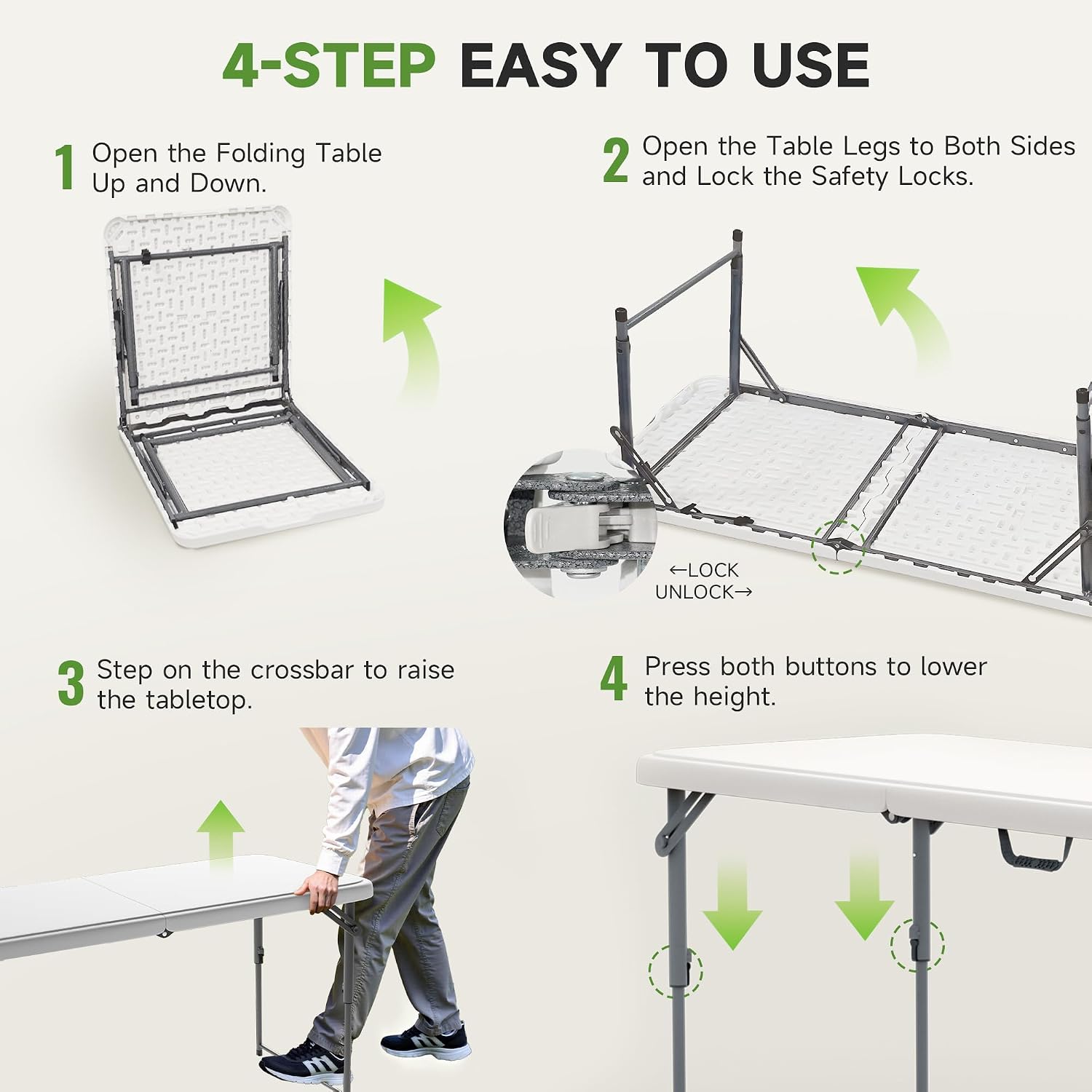 Folding Table 4 Foot - 2-Position Adjustable Height, Heavy Duty 400 lbs Capacity - Portable Tables Folding for Camping, Party, Indoor & Outdoor Use, 1 Pack