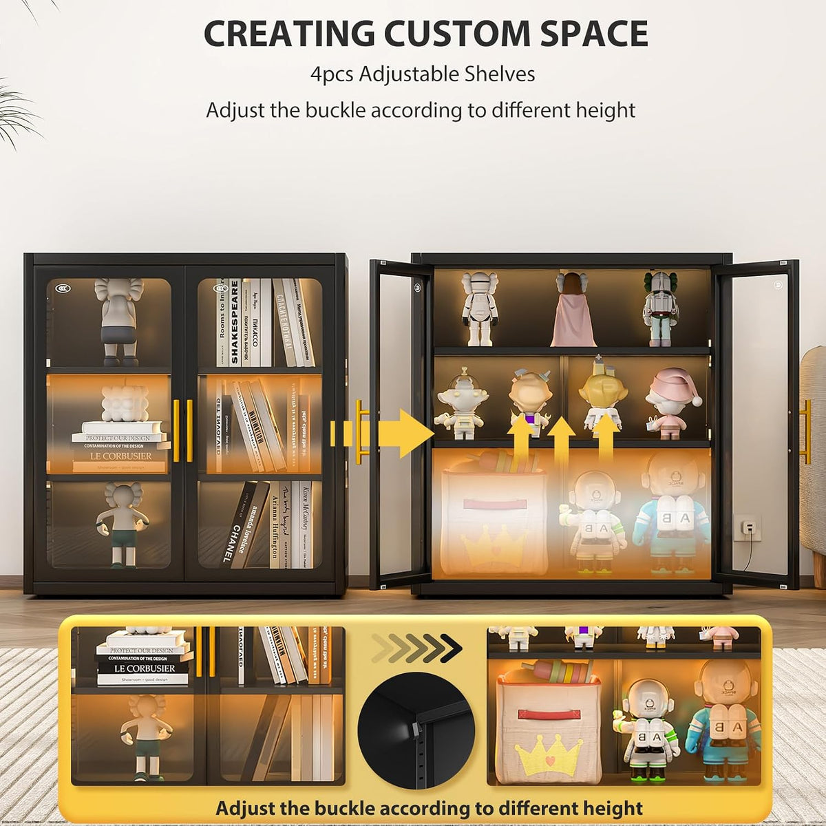 Display Cabinet with Glass Doors and Adjustable Shelves,34" Tall Bookcase with LED Lights,3-Tier Curio Cabinet for Collectibles,Glass Display Case for Living Room,Black