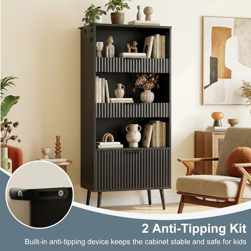 Bathroom Storage Cabinet Set of 2, 47.2" Wide 5-Tier Freestanding Pantry Cabinet with 6 Extra-Large Drawers & 2 Open Shelves, Fluted Floor Organizer Cupboard for Kitchen, Living Room, Anti-Tip, Black