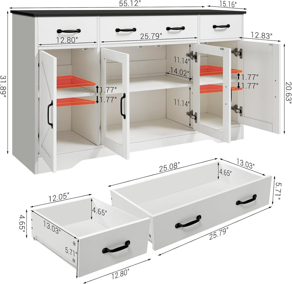 Likein Sideboard Buffet Cabinet with Storage - 55" Kitchen Storage Display Cabinet with 4 Drawers and Glass Doors, 15.8" D Farmhouse Wood Buffet Table Coffee Bar Cabinets for Entryway Living Room