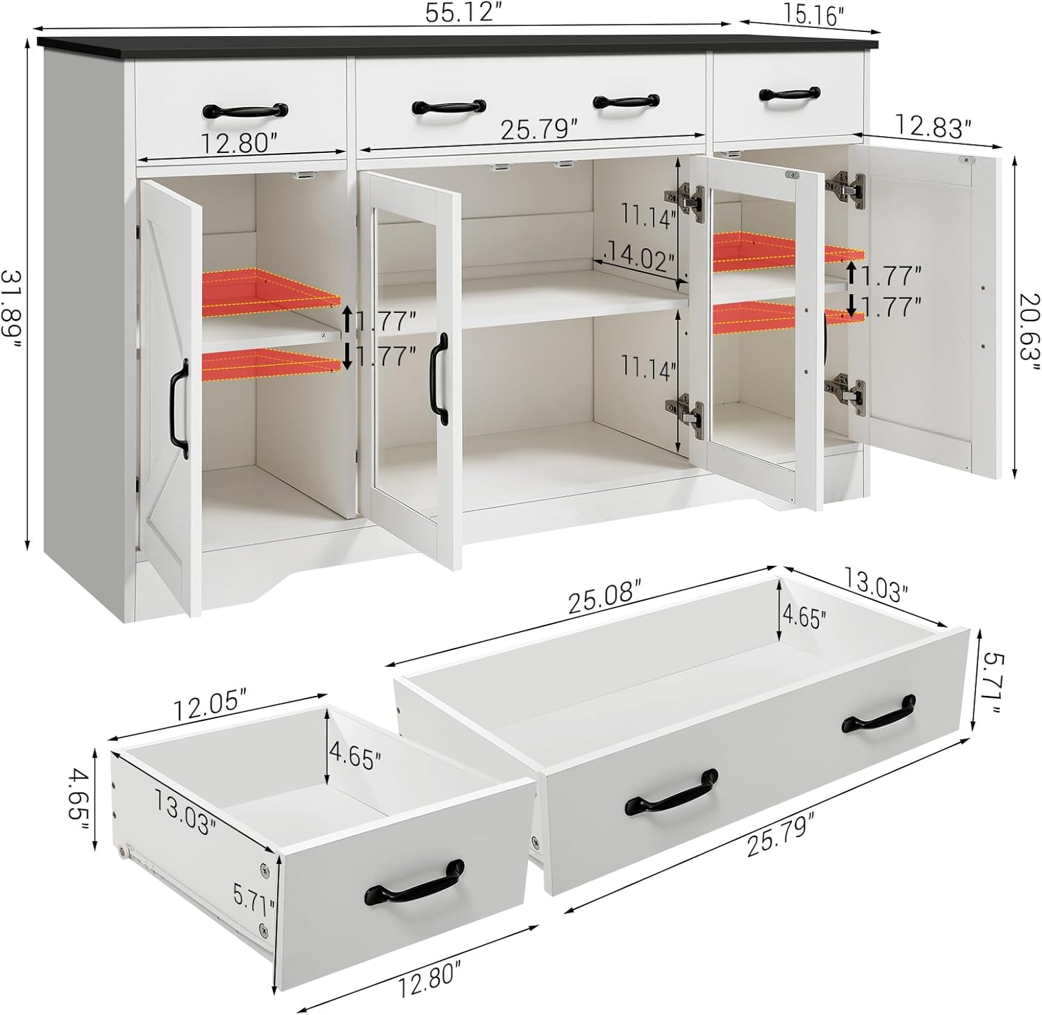 Likein Sideboard Buffet Cabinet with Storage - 55" Kitchen Storage Display Cabinet with 4 Drawers and Glass Doors, 15.8" D Farmhouse Wood Buffet Table Coffee Bar Cabinets for Entryway Living Room