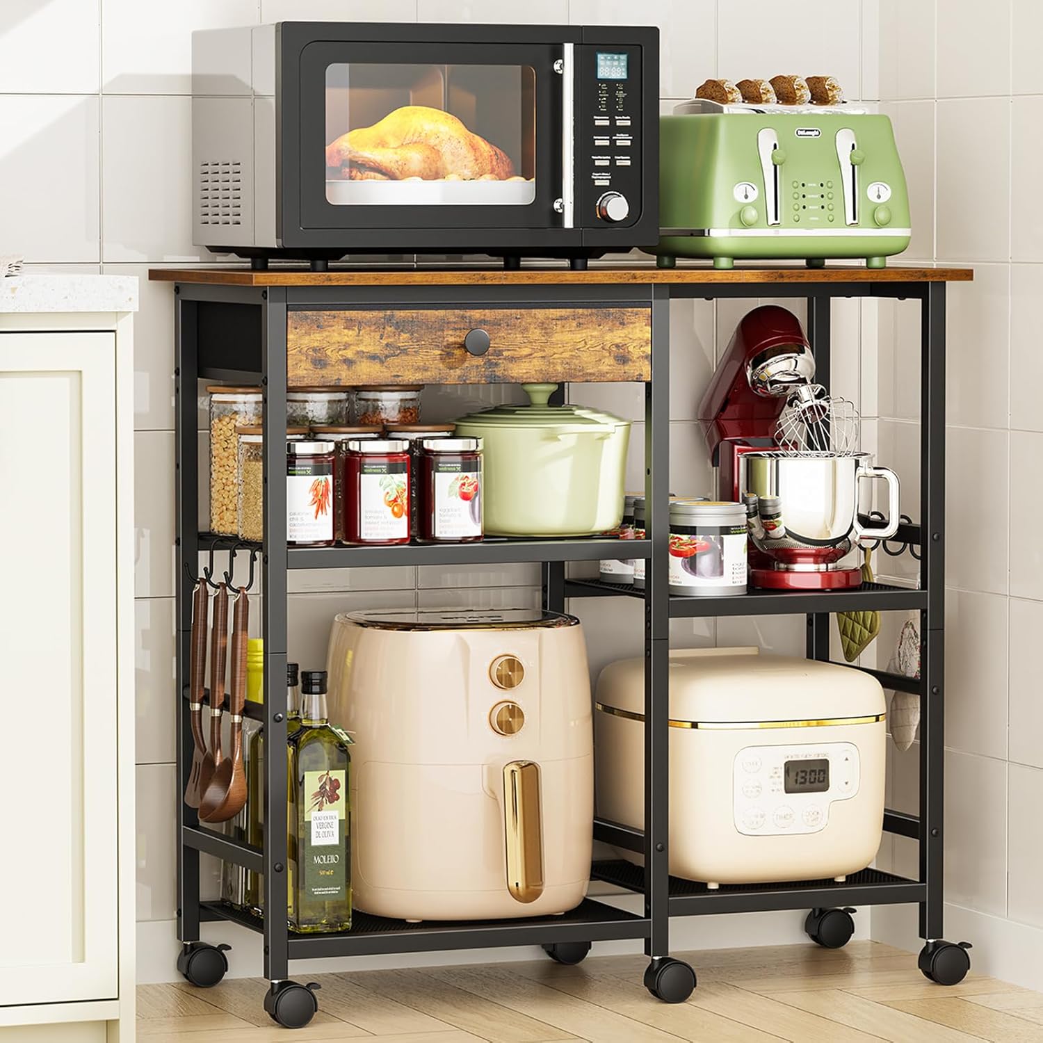 Microwave Stand, Coffee Cart, Microwave Cart with Wheels & Adjustable Shelf | Coffee Bar Table Station, Rolling Storage Cart Organizer Shelf for Living Room, Kitchen Island, Office, Rustic Brown