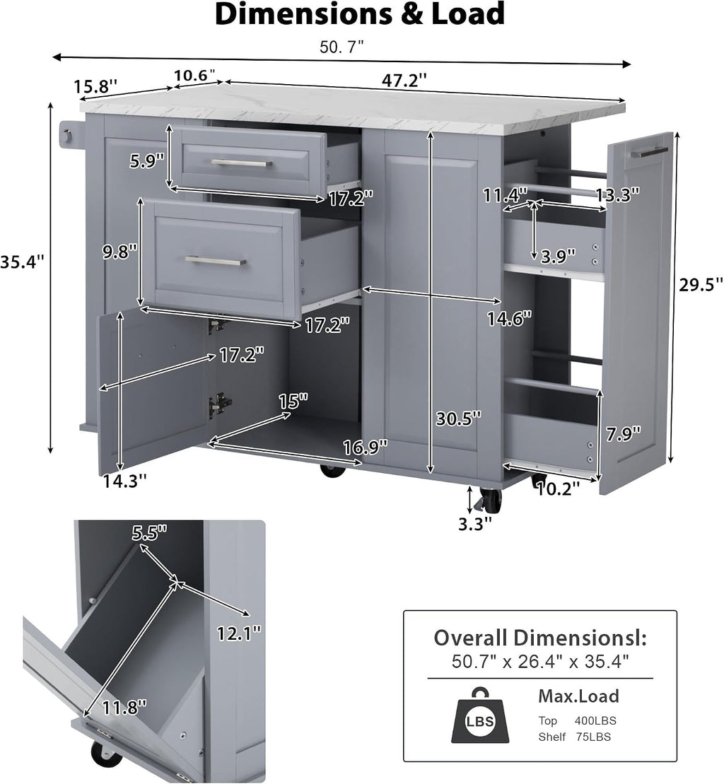 Rolling Kitchen Island Cart with Marble Countertop, Mobile Storage Kitchen Cabinet with Drawers & Cabinets for Small Kitchen Apartment