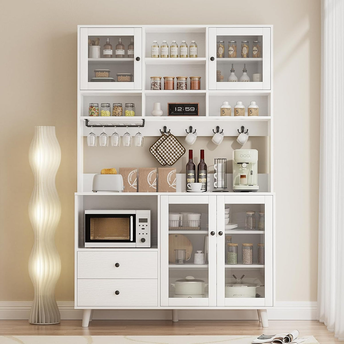 VOWNER Kitchen Hutch Storage Cabinet Microwave Shelf, Freestanding Pantry with 4 Glass Doors and 2 Drawers, Modern Sideboard Buffet Cabinet for Kitchen, Dining Room, Living Room, White