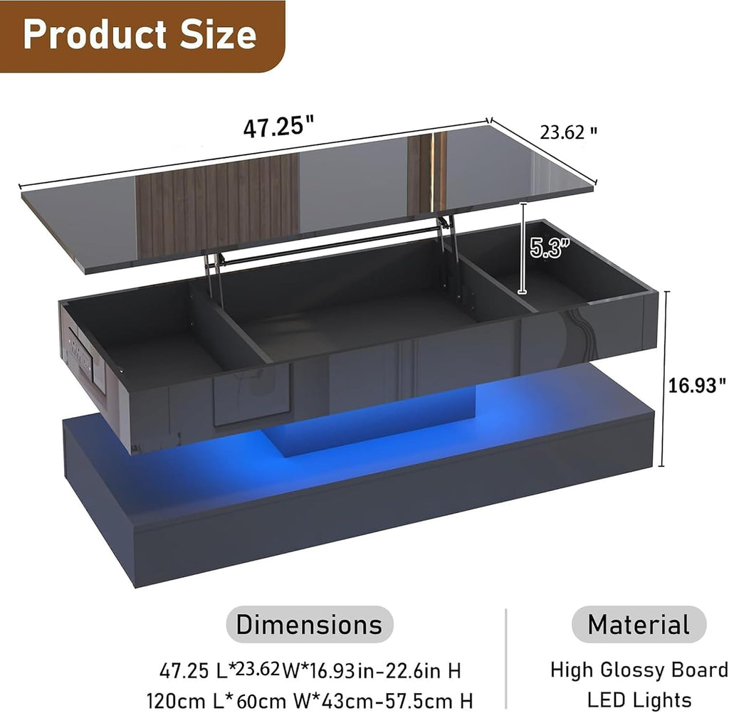 47.2" Large Lift Top Coffee Table,Modern High Glossy LED Coffee Tables for Living Room with Storage,Black Living Room Tables for Living Rooms,Dining Room,Bedroom Home Office,APP LED Lights（Black）