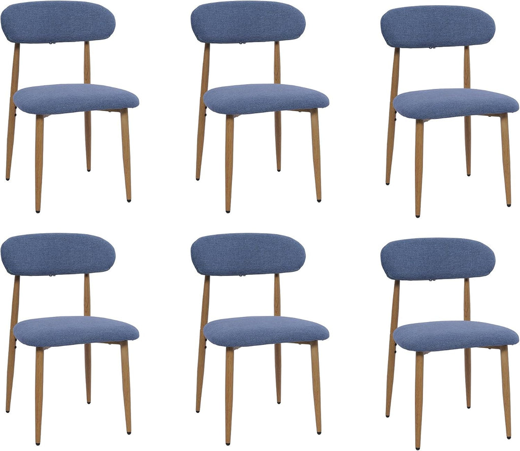 FREKEN Modern Upholstered Dining Chairs Set of 6, Mid-Century Metal Frame with Wood Grain, Linen Fabric Side Chair for Kitchen Dining Room, 350lbs Capacity, Blue