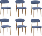 FREKEN Modern Upholstered Dining Chairs Set of 6, Mid-Century Metal Frame with Wood Grain, Linen Fabric Side Chair for Kitchen Dining Room, 350lbs Capacity, Blue