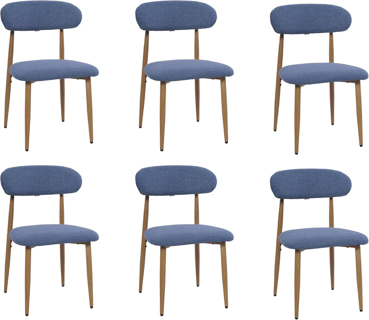 FREKEN Modern Upholstered Dining Chairs Set of 6, Mid-Century Metal Frame with Wood Grain, Linen Fabric Side Chair for Kitchen Dining Room, 350lbs Capacity, Blue