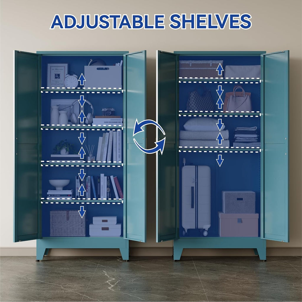 COFaR 71'' Tall Metal Storage Cabinet, Farmhouse Kitchen Pantry Cabinet with Doors and 4 Adjustable Shelves, Metal Pantry Storage Cabinets for Kitchen, Laundry, Peacock Blue 5-Tier
