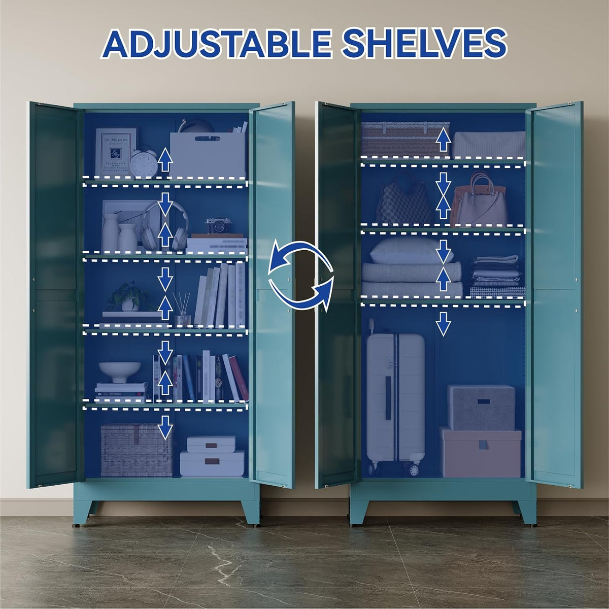 COFaR 71'' Tall Metal Storage Cabinet, Farmhouse Kitchen Pantry Cabinet with Doors and 4 Adjustable Shelves, Metal Pantry Storage Cabinets for Kitchen, Laundry, Peacock Blue 5-Tier