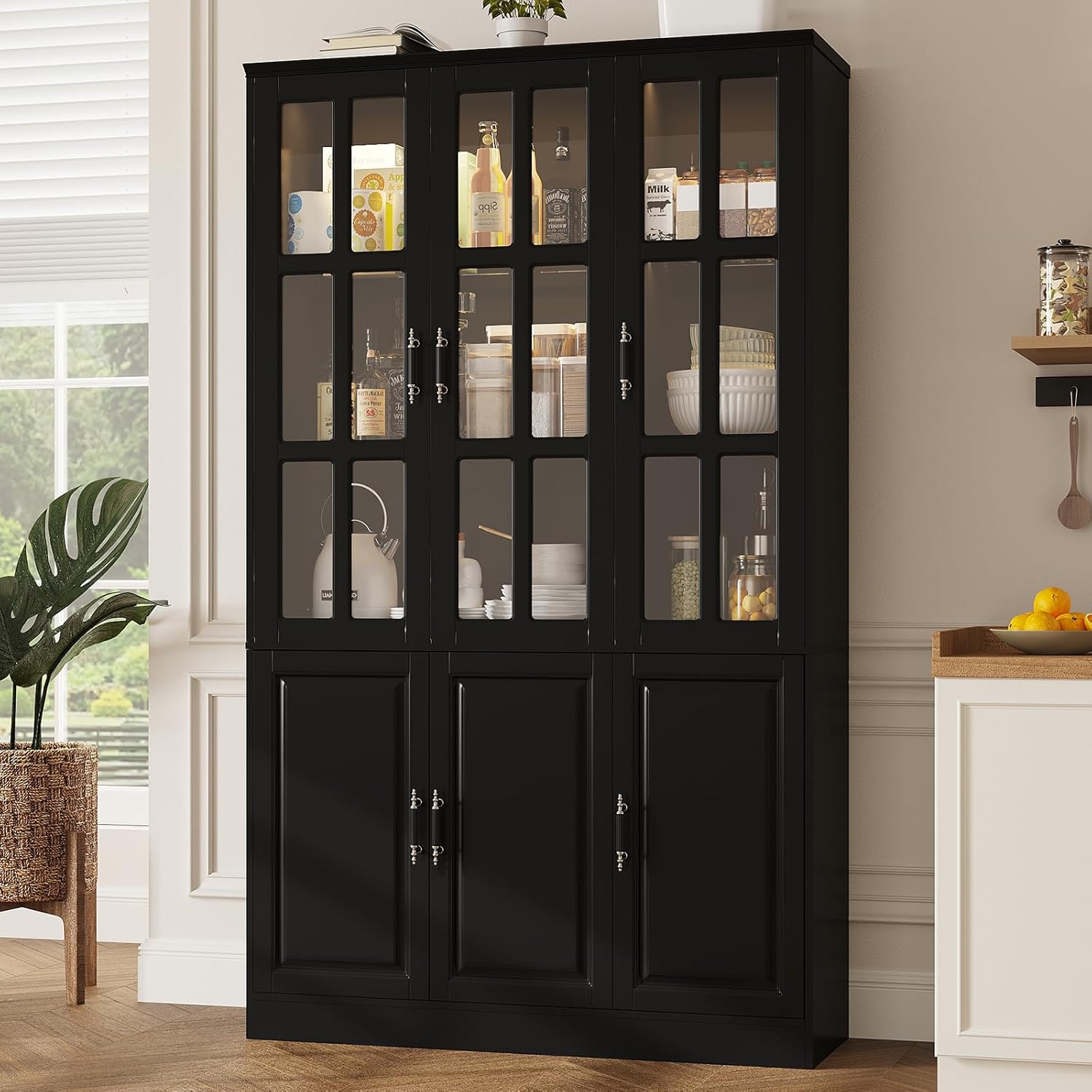 MEISSALIVVE 78.7" Kitchen Pantry Storage Cabinet with LED Lights, Tall Pantry Cabinet with Glass Doors, Kitchen Hutch Utility Pantry, Black (47.2" W x 15.7" D)