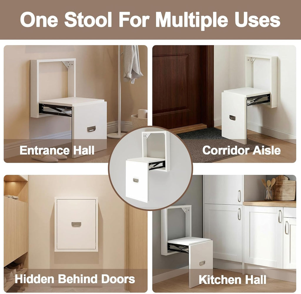 Geelin 1 Pcs Wall Mounted Folding Chair, Modern Entryway Shoe Changing Stool, 330lbs Capacity, Extra-Wide Seat, Invisible Folding Chair for Hallway, Hidden Shoe Bench Fits Most Homes, Tea White