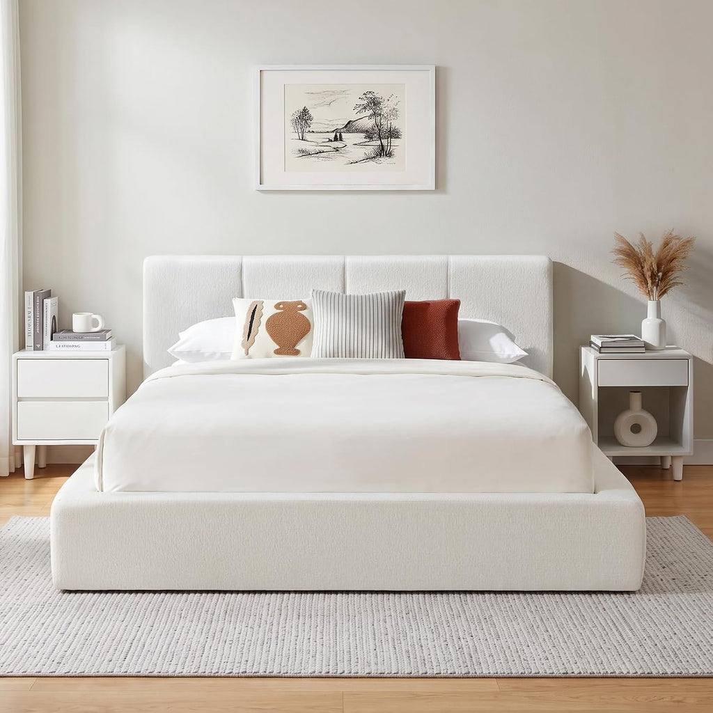 Queen Upholstered Bed Frame w/ Channel Headboard, Cloud Platform Bed Frame