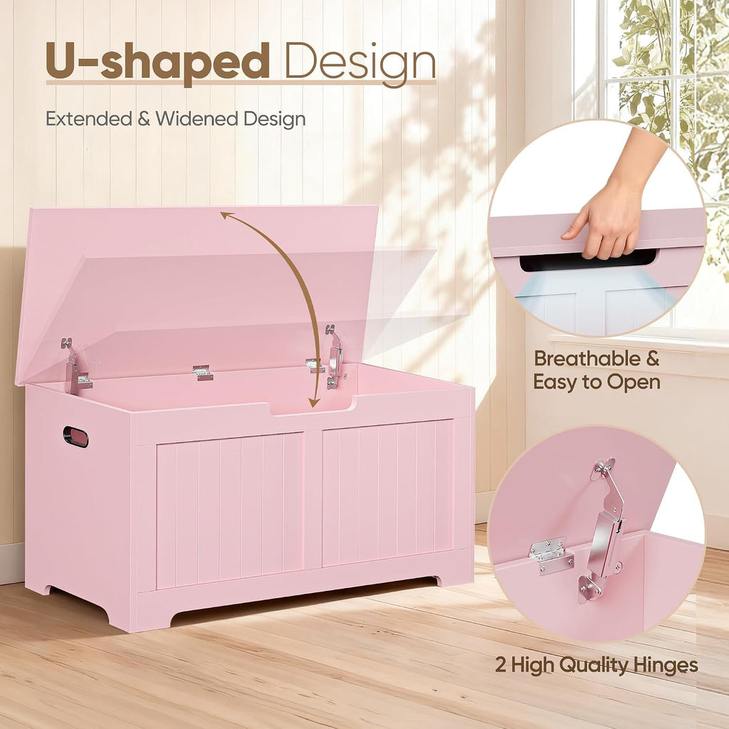 SUPER DEAL Storage Chest, 39 inches Chest Box Organizer with 2 Safety Hinges, Wooden Entryway Shoe Organizer Storage Bench, Pink