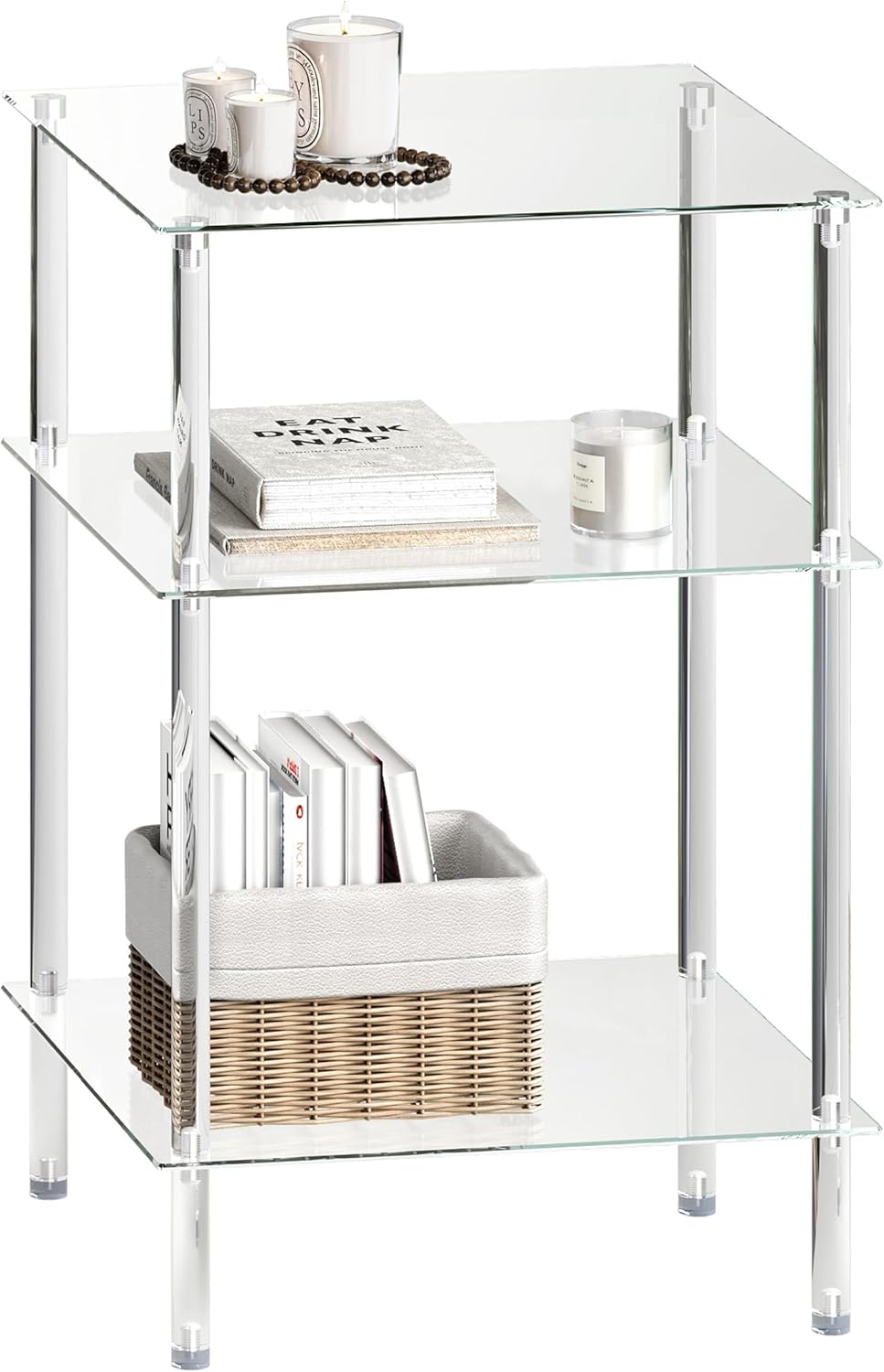 Tempered Glass Side Table, Acrylic End Table, 3-Tier Transparent Nightstand, Clear Coffee Table, for Small Spaces Living Room Bedroom Balcony Transparent LET519TR