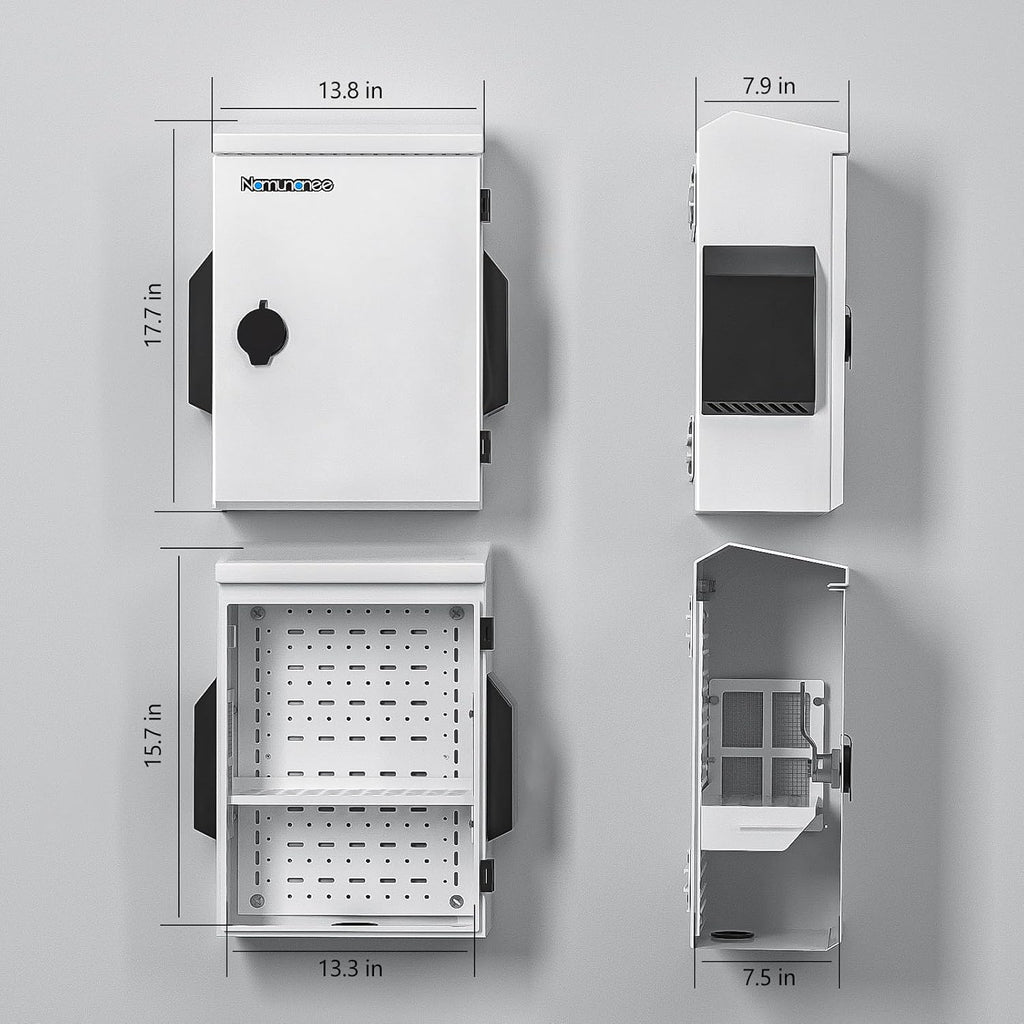 Outdoor Electrical Box with Thermostat and Fan, Cold-Rolled Steel Plate, Aluminum Alloy Back Beam, One-Piece Ventilation Design, IP65 Waterproof, Wall/Pole Mounted. (17.7" x 13.8" x 8")