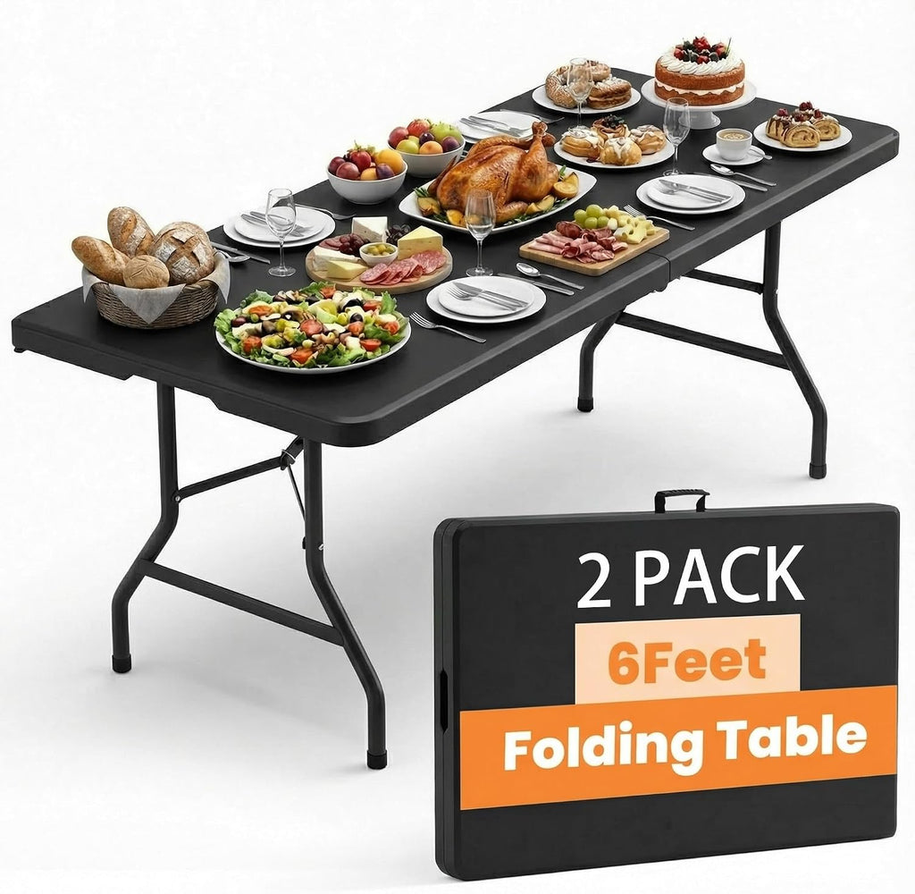 2 Pack Folding Table 6FT Heavy Duty Plastic Utility Table with Carrying Handle for Camping, Party, Picnic, BBQ, Banquet, Folds in Half for Easy Storage, No Assembly Required, Black