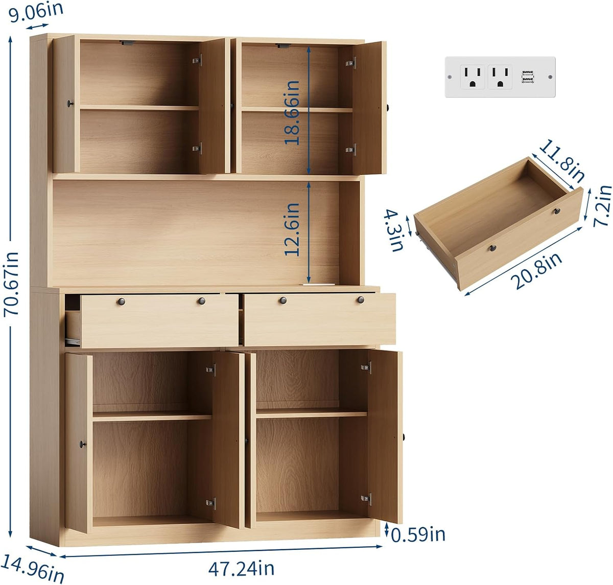 Jojoka Modern Tall Kitchen Pantry Cabinet with Charging Station – 71" Height, 47" Wide Storage Hutch, Countertop, 2 Drawers, Shelves, Power Outlet – Versatile Food Pantry Furniture for Dining or