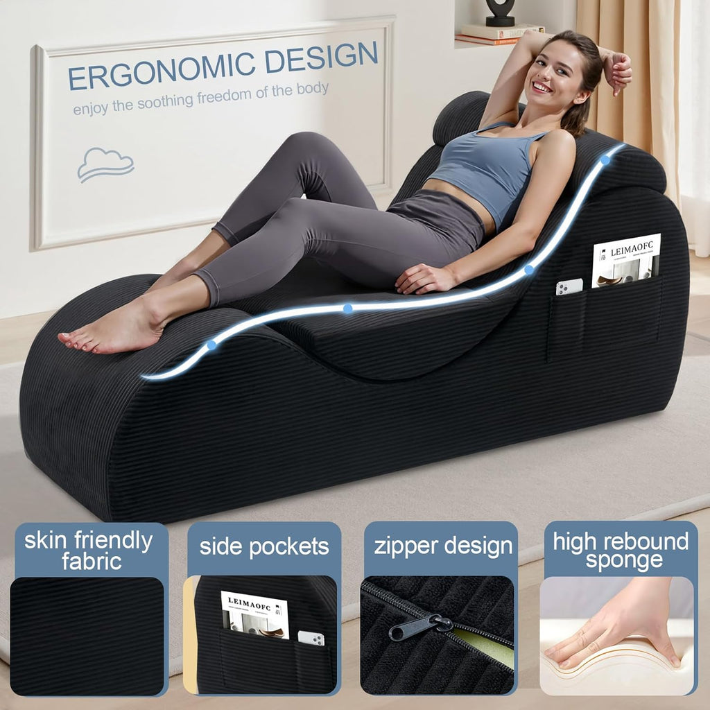 Yoga Chair Lounge for Adult, Ergonomic Chaise Lounge Chair with Side Pocket, Headrest, Waist Pad, Perfect for Stretching, Massage, and Relaxation, Used in Living Room, Bedroom（Black）