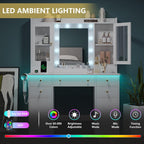 Xixini 44" Vanity Desk with Mirror & Lights, Glass Storage Cabinets, White | Makeup Table Set with Charging Station, RGB Light Strip, 7 Drawers & Open Shelf, 3 Light Modes & Dimmable for Women & Girls