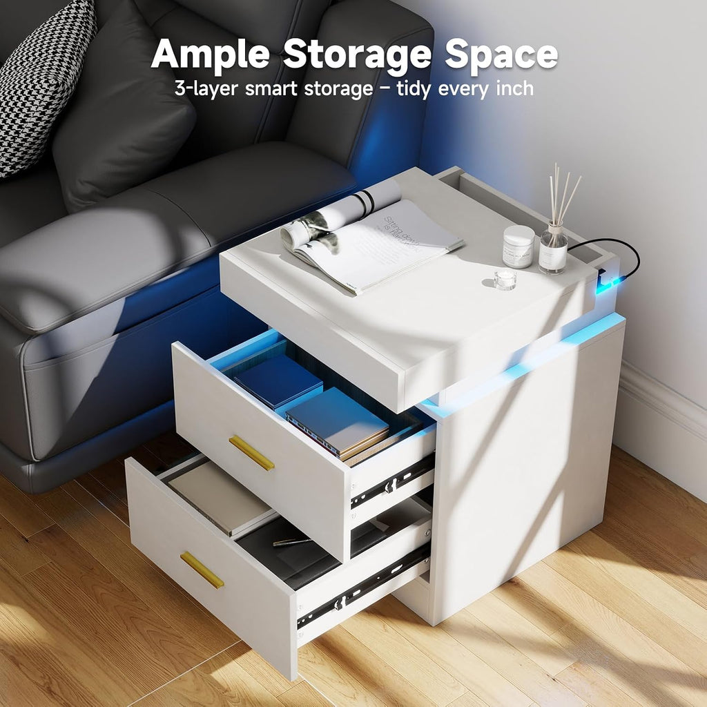 Night Stand Set of 2, 18'' LED Nightstand with Charging Station, Modern Wooden Bedside Table with Hidden Drawer, Sliding Top & 2 Drawers, White End Side Table for Bedroom Living Room