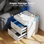 Night Stand Set of 2, 18'' LED Nightstand with Charging Station, Modern Wooden Bedside Table with Hidden Drawer, Sliding Top & 2 Drawers, White End Side Table for Bedroom Living Room