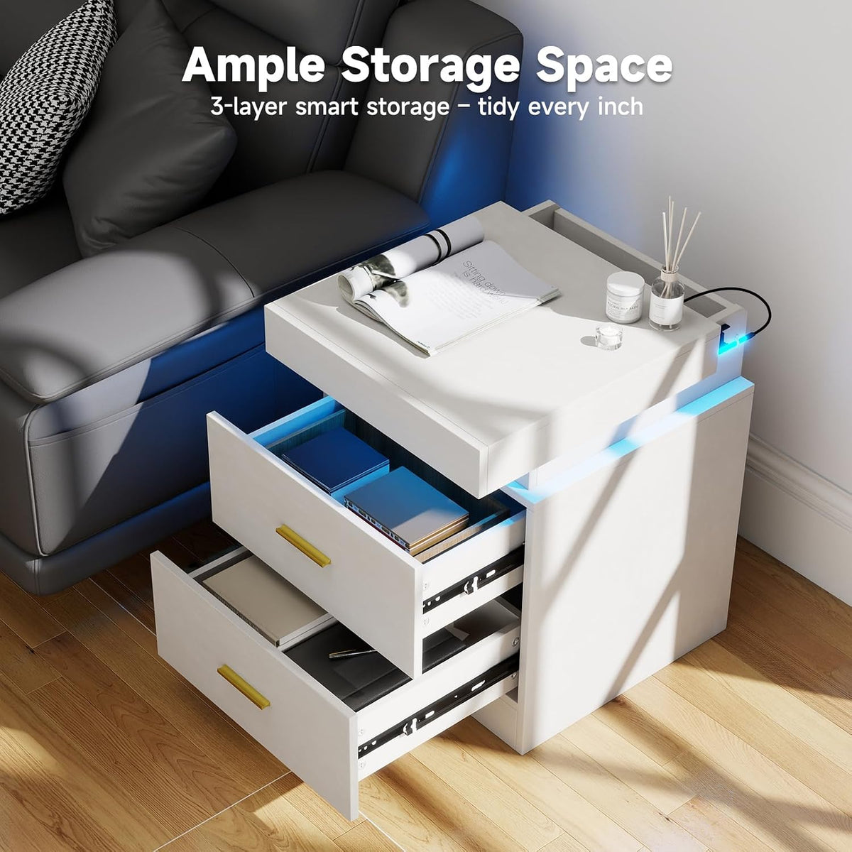 Night Stand Set of 2, 18'' LED Nightstand with Charging Station, Modern Wooden Bedside Table with Hidden Drawer, Sliding Top & 2 Drawers, White End Side Table for Bedroom Living Room
