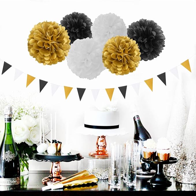 Black Gold Graduation Party Decorations - 23pcs Kits Farewell Tissue Pom Poms Flowers,Streamers Banner,Tassel Garland 50th Men Birthday Bachelorette Baby Shower Decoration Bunting Lasting Surprise