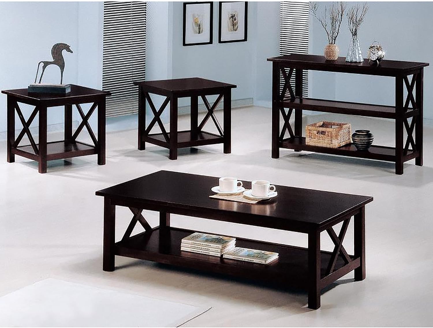 Set of 3 Cherry Round Accent Table with Faux Marble Top, Wood, Brown