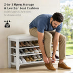 Shoe Rack Bench Entryway Storage with Leather Cushion, Shoe Organizer Bench for Entryway, Ideal for Front Doors Entrances Hallway Mudroom Featuring Rubberwood And 3 Height-Adjustable Removable Shelve