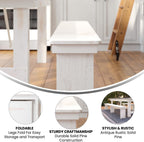 Flash Furniture Hercules Commercial Grade Farmhouse 3 Leg Bench - Solid Pine Foldable Bench with Seating for 4 - 8'x12" - Antique Rustic White