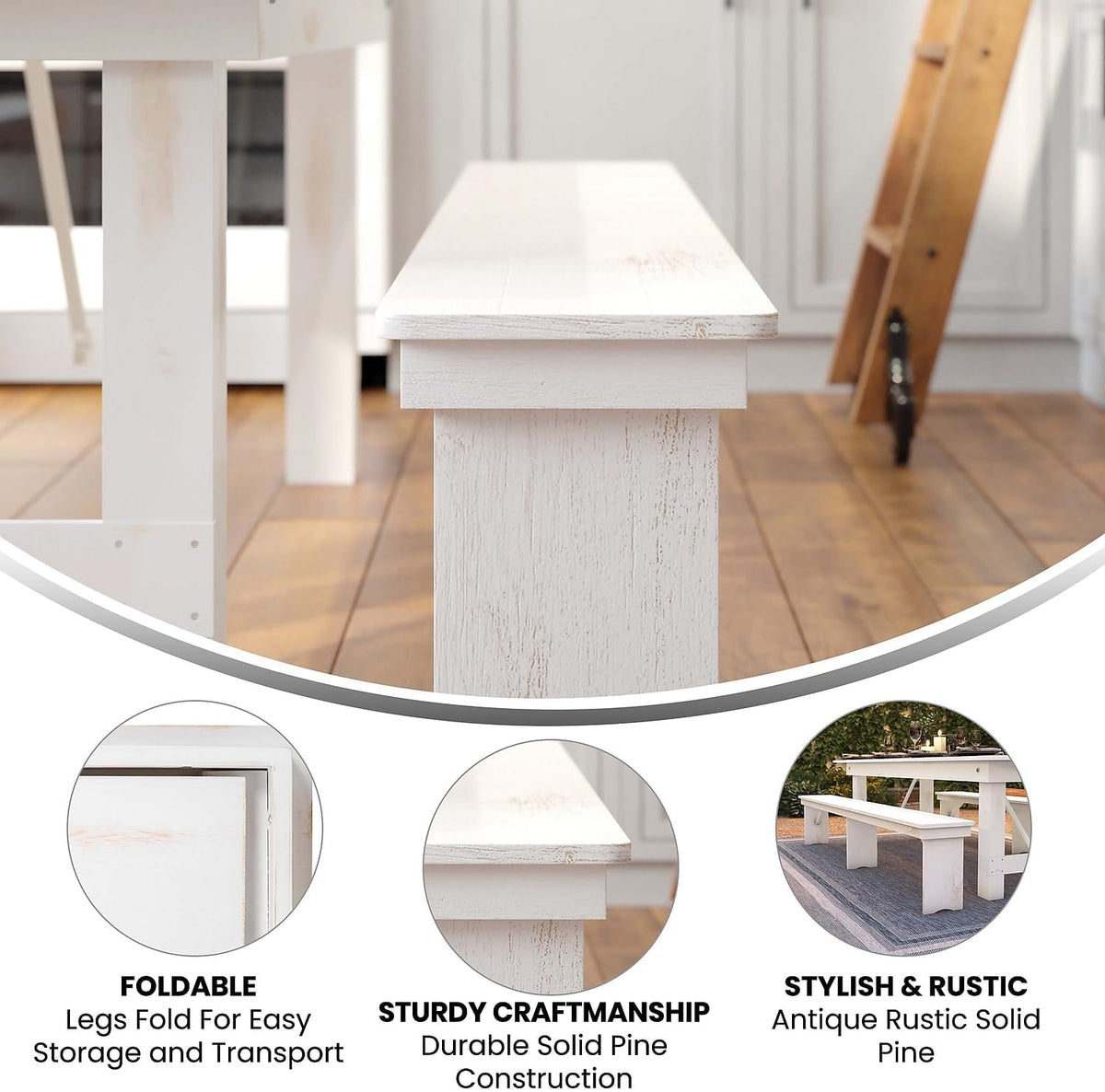 Flash Furniture Hercules Commercial Grade Farmhouse 3 Leg Bench - Solid Pine Foldable Bench with Seating for 4 - 8'x12" - Antique Rustic White