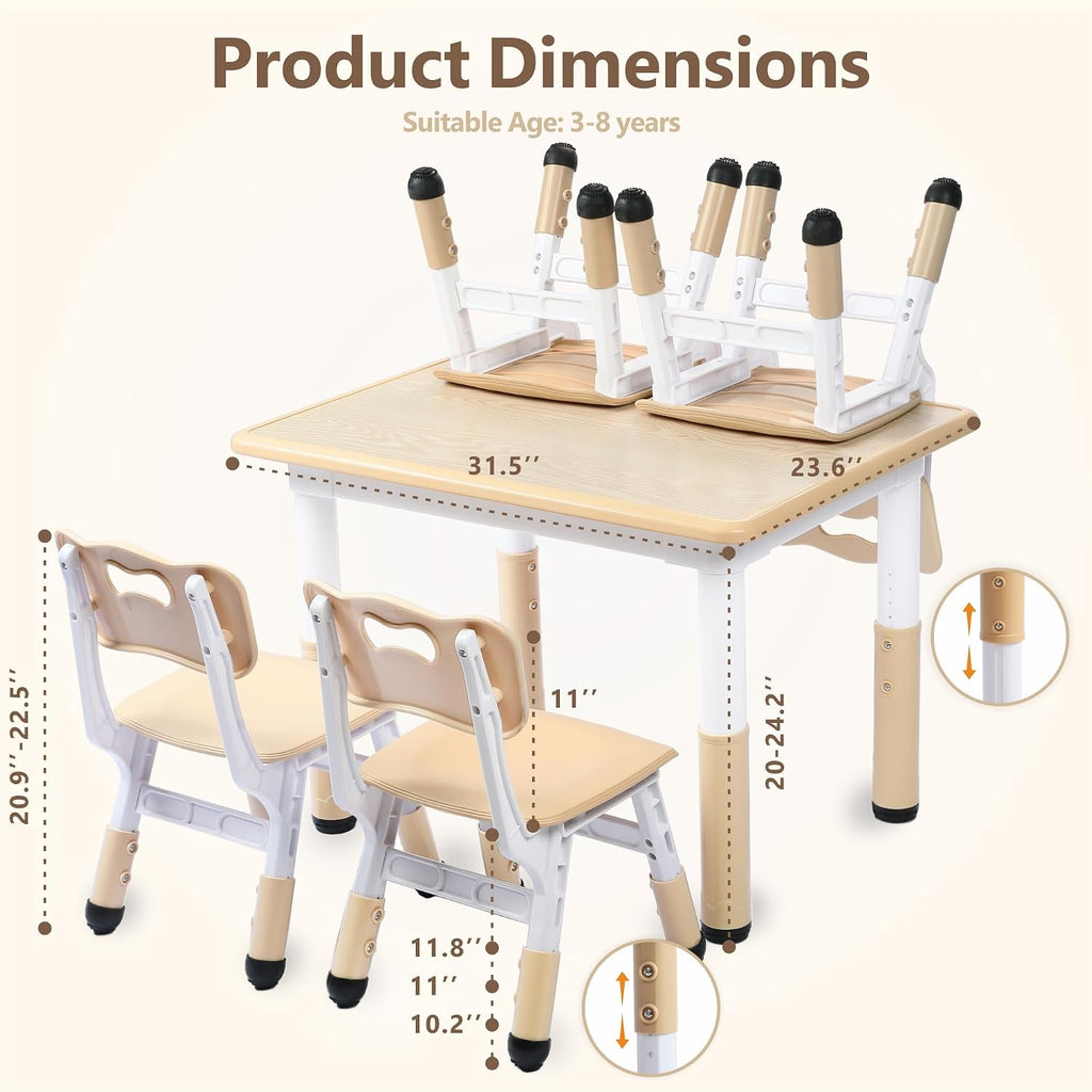 Kinder King Kids Table & 4 Chairs Set, Adjustable Heights, Khaki | Graffiti Tabletop, Children Activity Table, Studying, Drawing, Toddler Furniture Set for Playroom, Daycare, Home, Age 3+