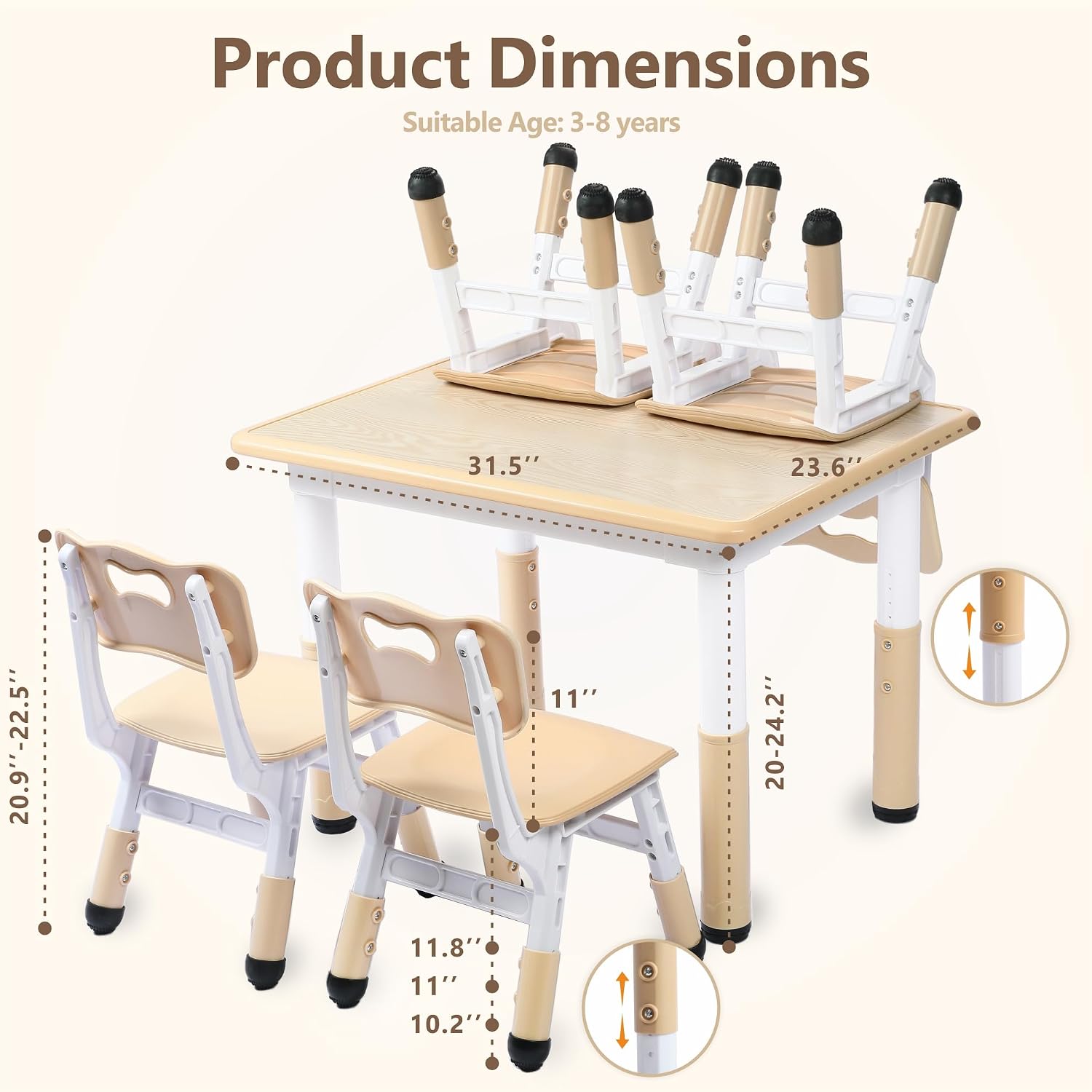 Kinder King Kids Table & 4 Chairs Set, Adjustable Heights, Khaki | Graffiti Tabletop, Children Activity Table, Studying, Drawing, Toddler Furniture Set for Playroom, Daycare, Home, Age 3+