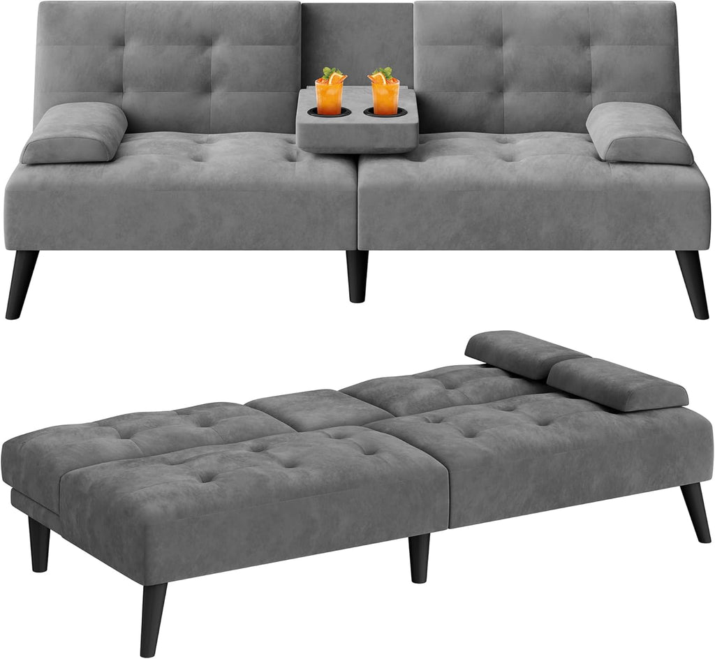 64" Futon Sofa Bed, Convertible Loveseat with 2 Cup Holders, Small Couch with 3 Adjustable Angles & Armrests, Sleeper Sofa for Small Space, Dark Grey