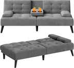 64" Futon Sofa Bed, Convertible Loveseat with 2 Cup Holders, Small Couch with 3 Adjustable Angles & Armrests, Sleeper Sofa for Small Space, Dark Grey