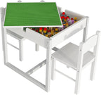 4NM 3 in 1 Kids Table Set, Children Tables and Chairs, Toddler Play Activity Table with Hidden Storage Wood Building Block Desk for Ages 3-7 - White Green