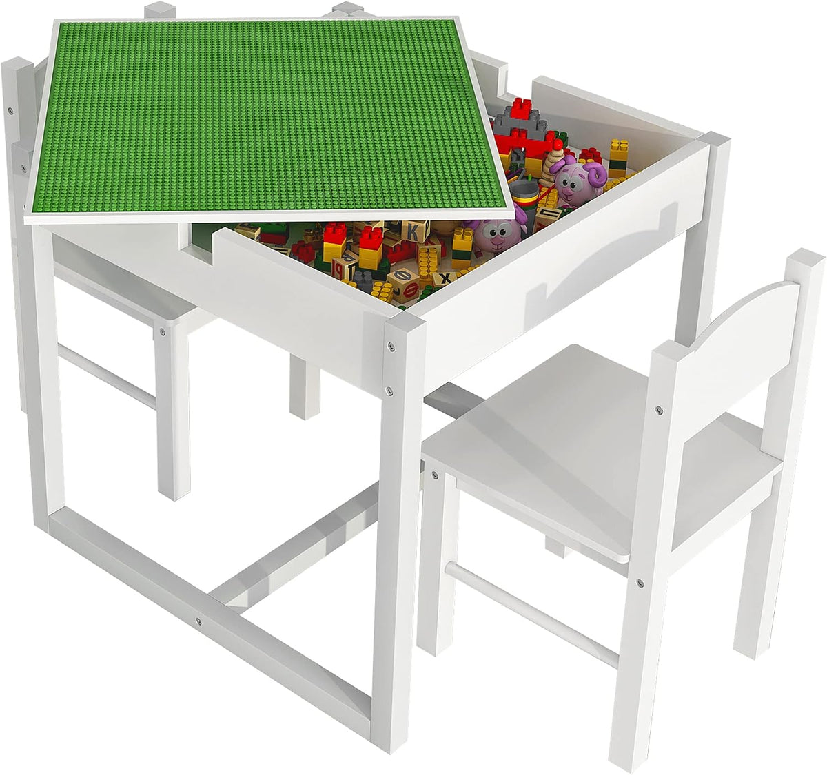 4NM 3 in 1 Kids Table Set, Children Tables and Chairs, Toddler Play Activity Table with Hidden Storage Wood Building Block Desk for Ages 3-7 - White Green