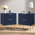 SICOTAS Night Stand Set 2, Fluted Glossy Nightstands Set of 2 with Drawers | Wide Modern Blue Storage Bedside Table for Bedroom, End Side Table with Golden Metal Legs and Handles, 2 Pieces